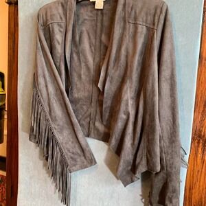 Sans Souci Stylish Charcoal Fringed Faux Suede Jacket Size Small‎